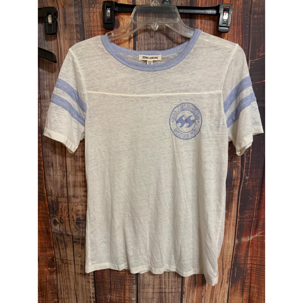 Billabong Womens Ringer Tee Cream Blue Striped Surf Logo Shirt Medium NWOT